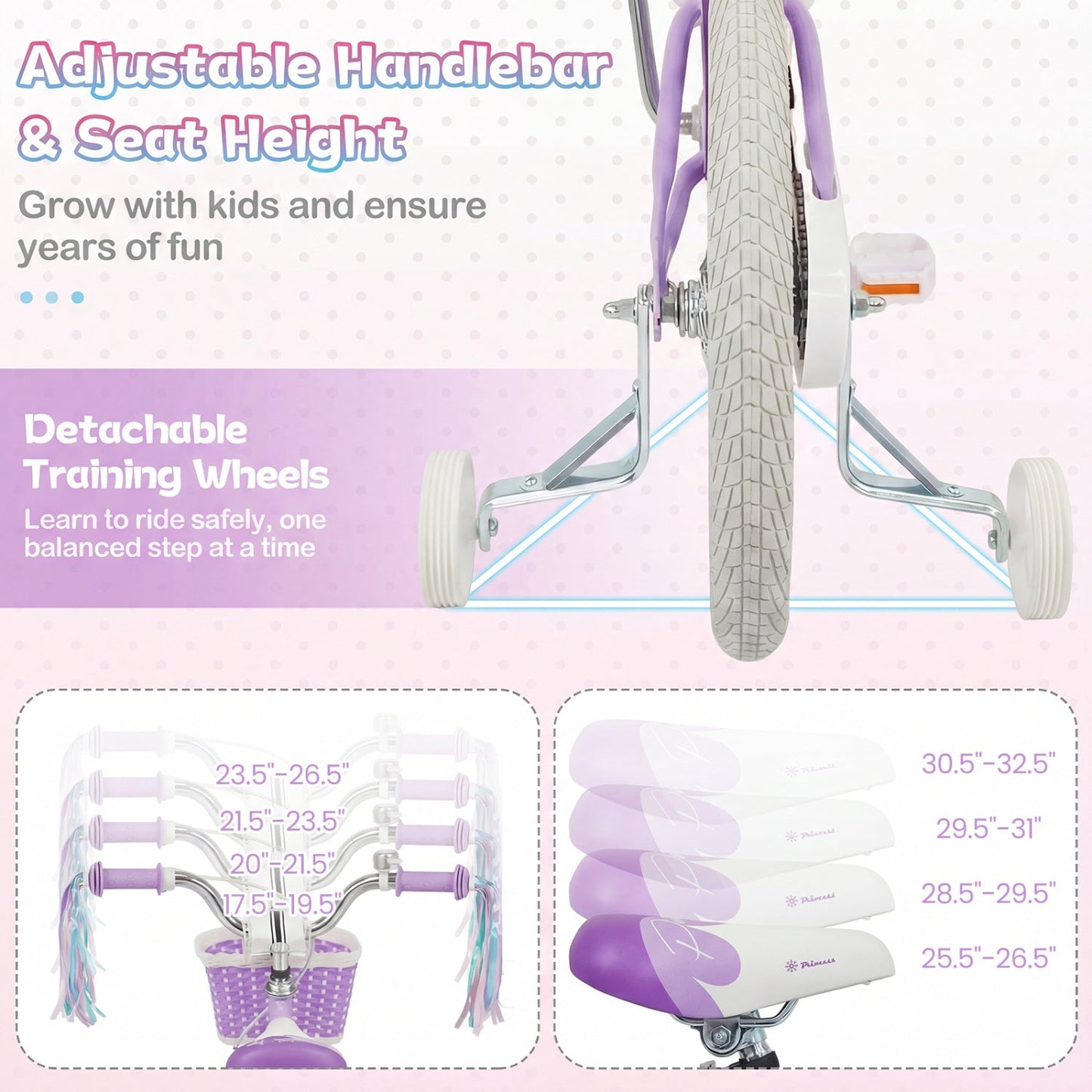 Kids Bike 12-20 Inch with Training Wheels & Basket Purple
