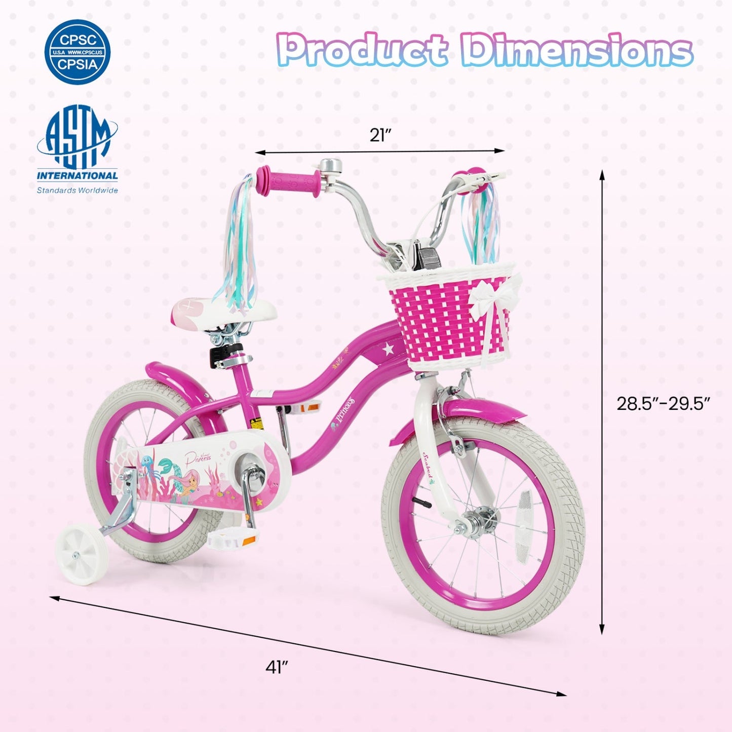 Kids Bike 18-Inch with Training Wheels and Basket Rose Red