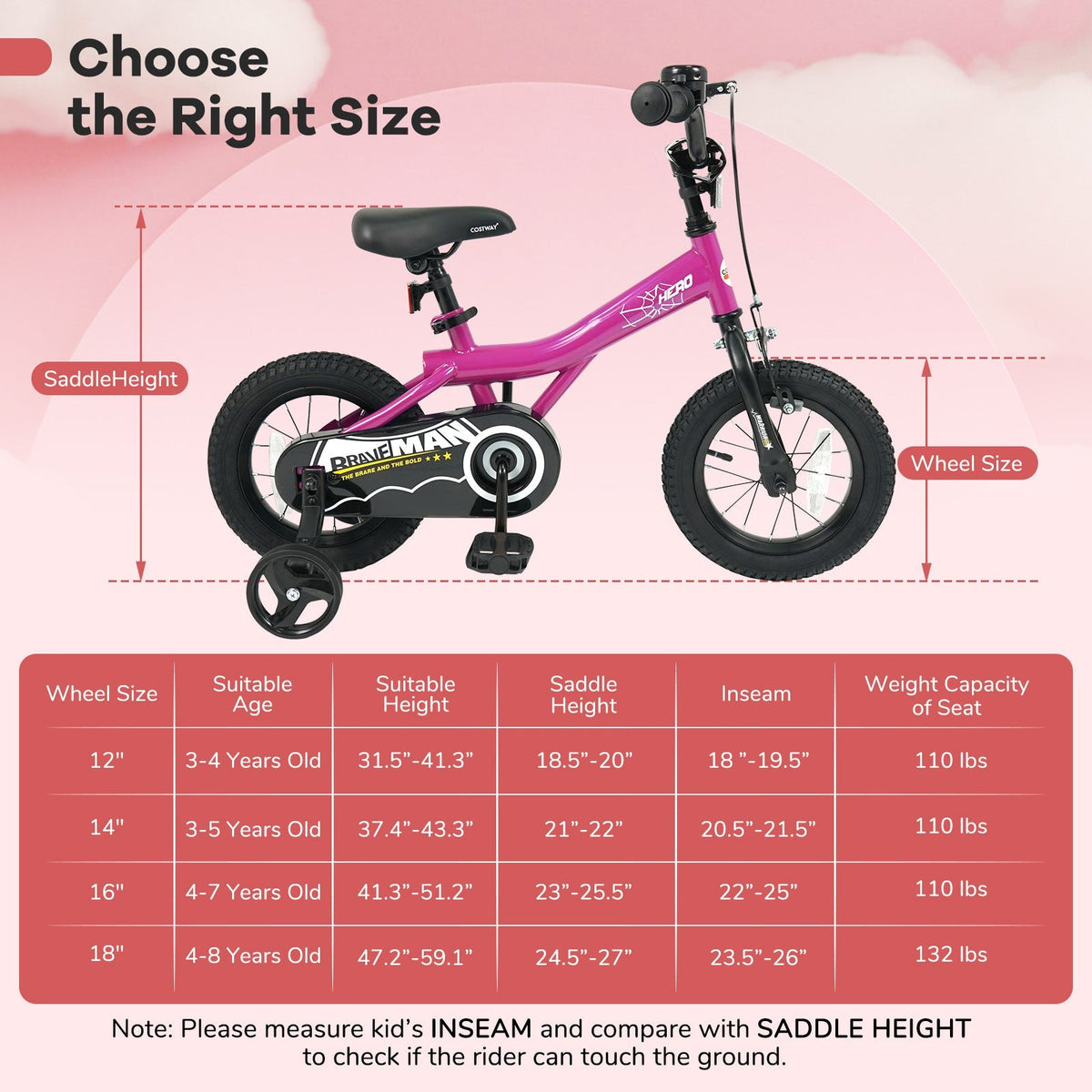 Kids Bike 14-Inch with Removable Training Wheels Pink