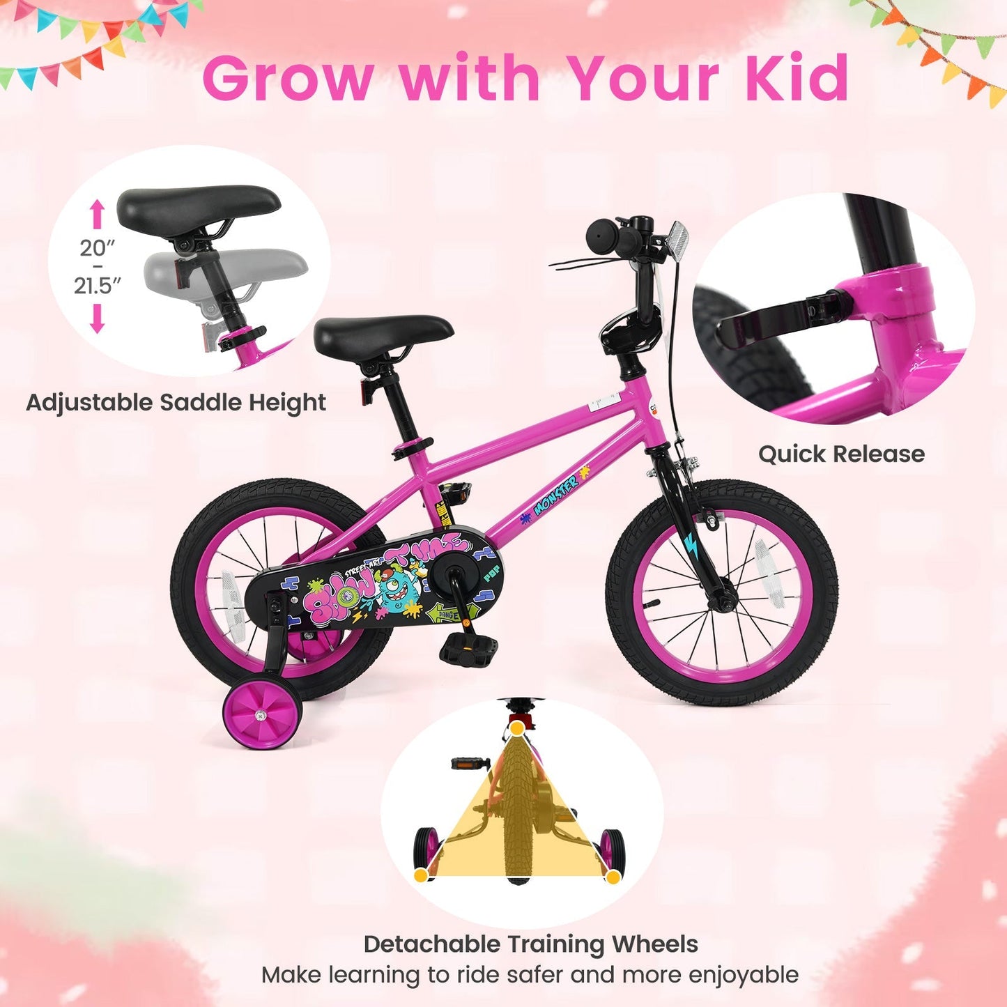 Kids Bike with Training Wheels 12-18 Inch Pink
