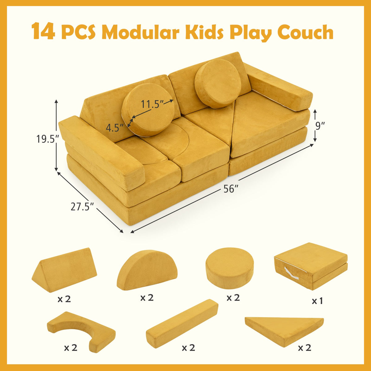 14 PCS Modular Kids Play Couch for Playroom and Bedroom