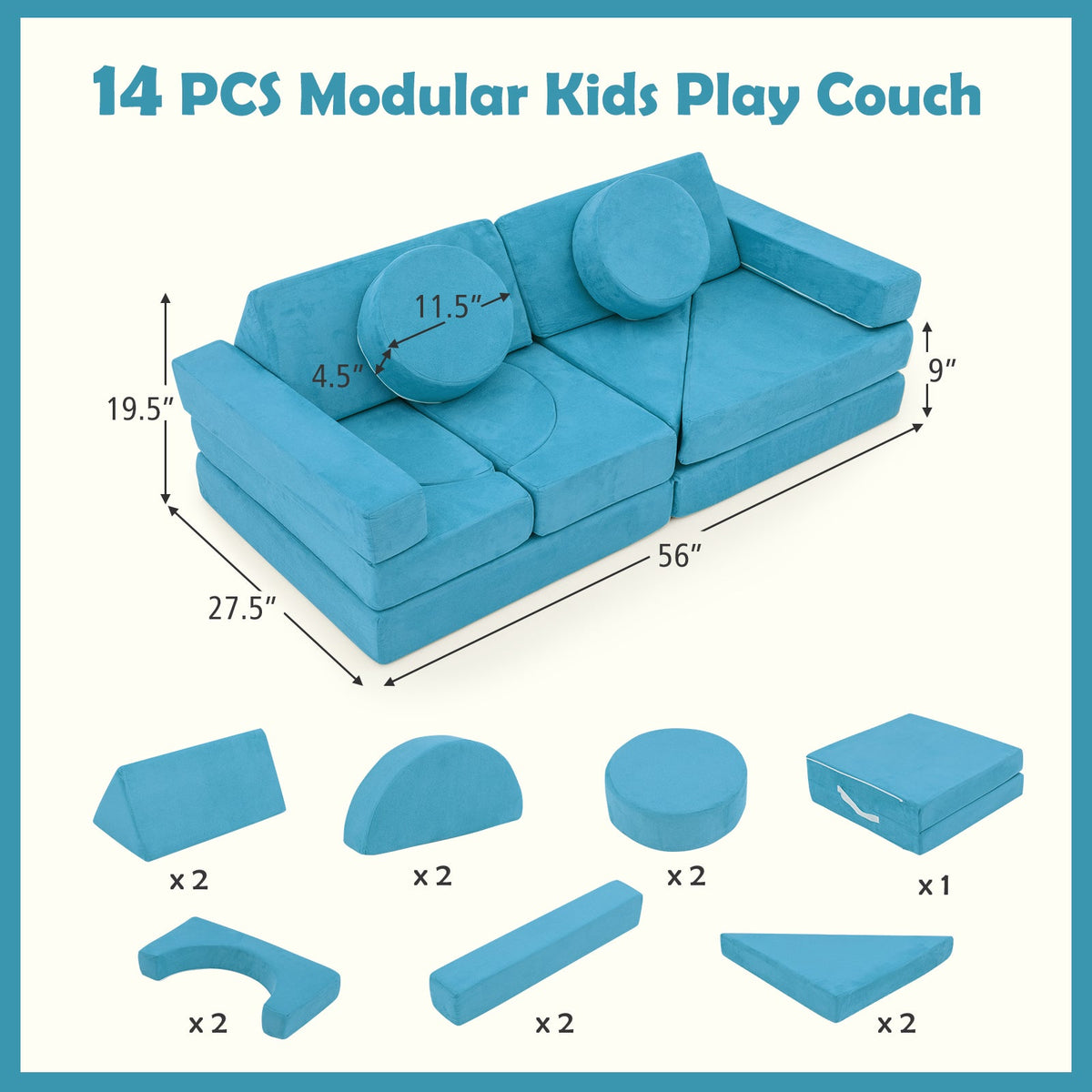 14 PCS Modular Kids Play Couch for Playroom and Bedroom