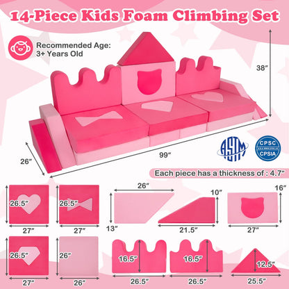 14 Piece Kids Play Couch Modular Foam Climbing Blocks for Kids 3+ Years Old-Pink