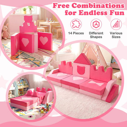 14 Piece Kids Play Couch Modular Foam Climbing Blocks for Kids 3+ Years Old-Pink