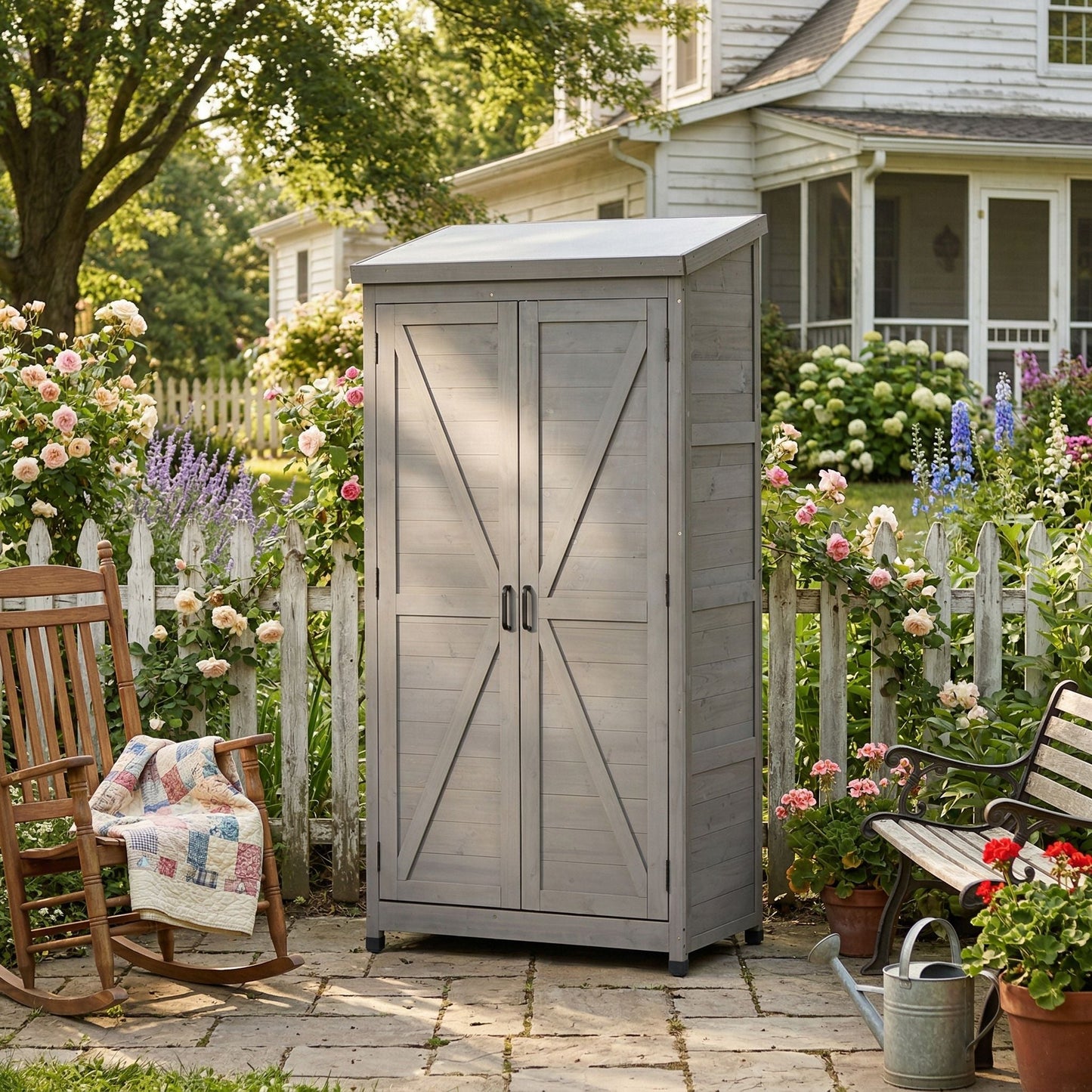 Outdoor Storage Shed With Vertical Tool Cabinet For Backyard