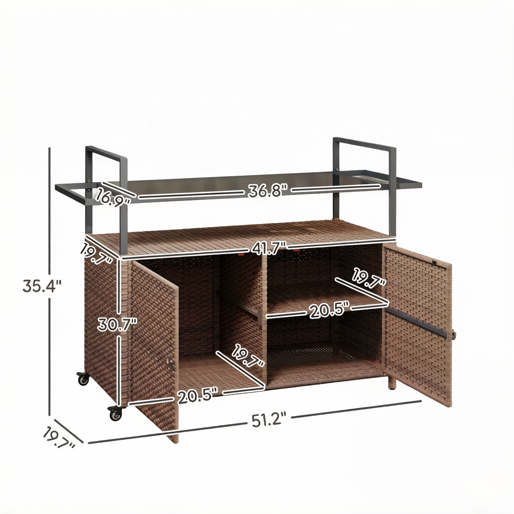Rattan Storage Cart, Portable Outdoor Serving Cart, Garden Storage Organizer