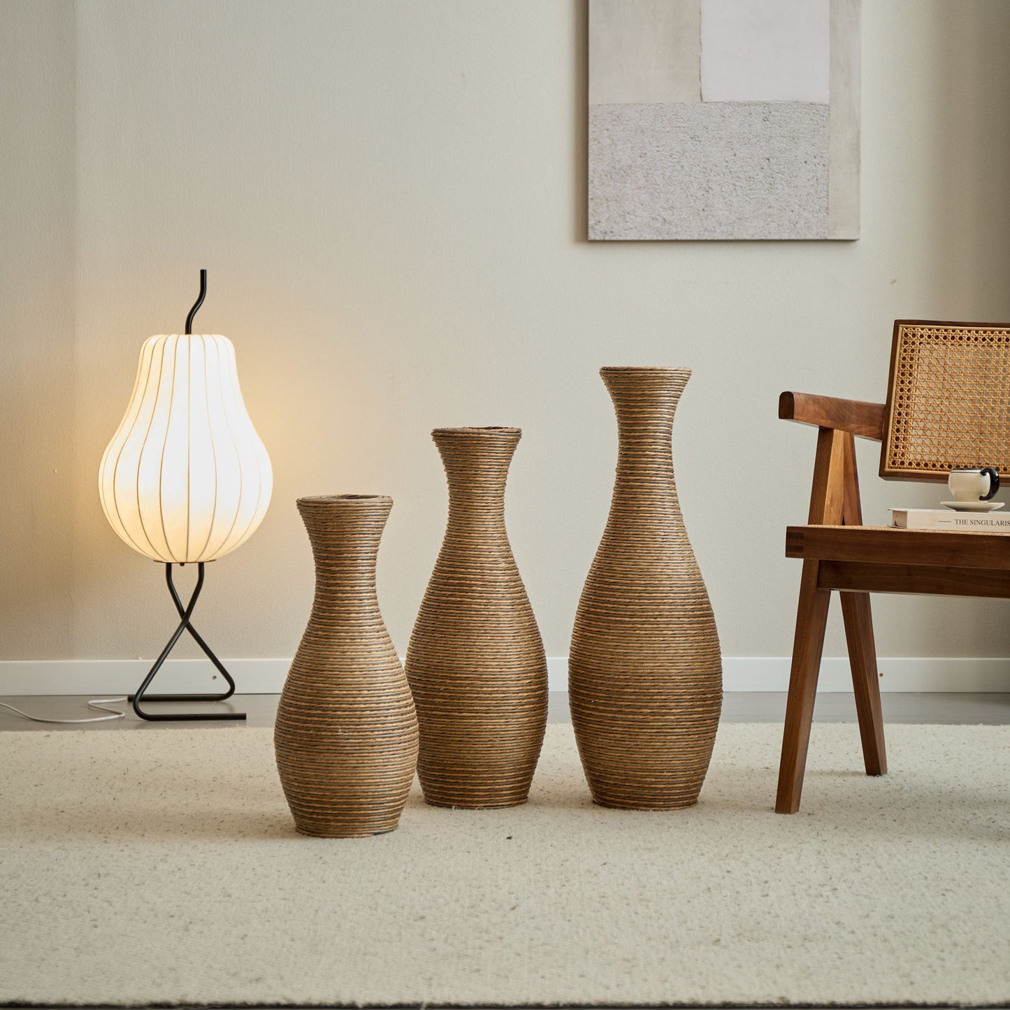 3 Piece Artificial Rattan Floor Vase Set Decorative Accent For Living Room, Hallway & Entryway, Ideal For Dried Or Silk Flower Arrangements - Beige