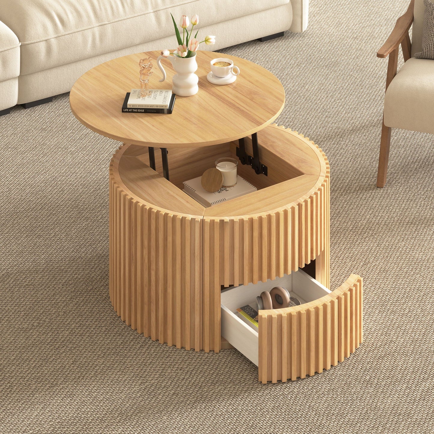 Round Lift Top Coffee Table With Hidden Storage For Living Room