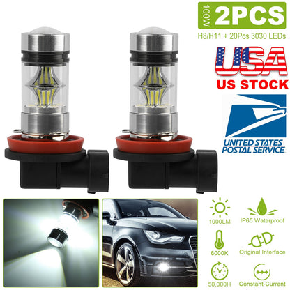 2PCS 1000lm 100W H8/H9/H11 LED Fog DRL Light Bulb IP65 Water-Resistant 360¡ Beam Angle 6000K White