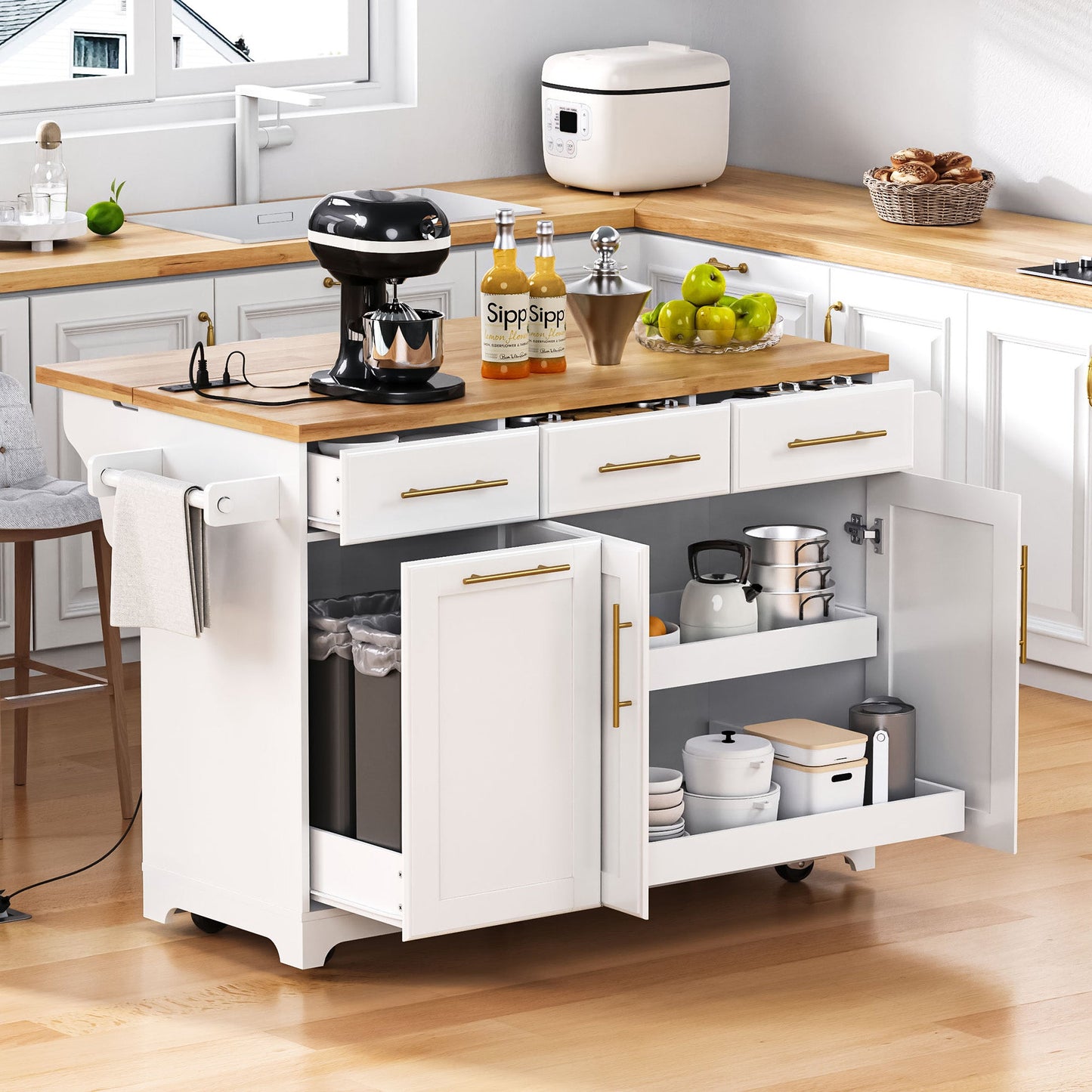 K&K 59.3" Kitchen Island with Storage & Rolling Cart