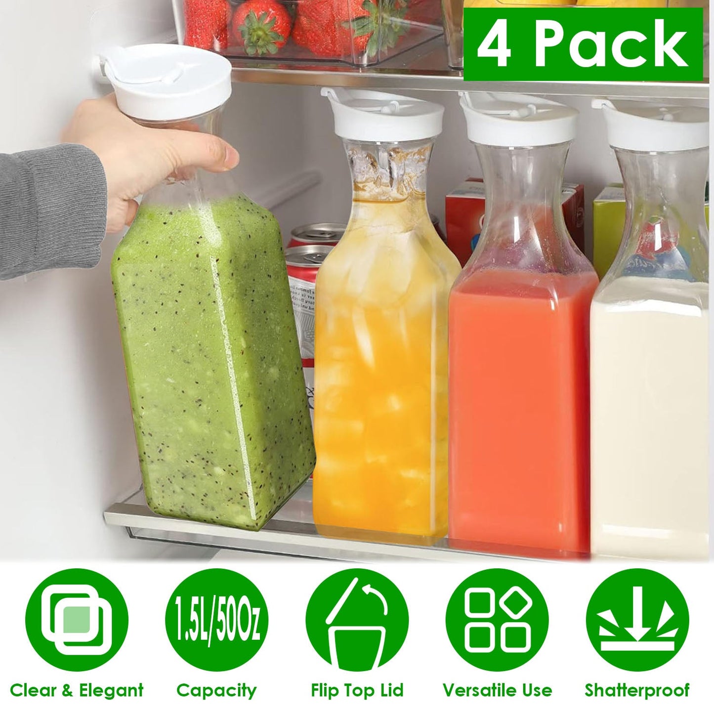 4 Pack 50Oz Water Carafes with Flip Top Lids Square Juice Containers for Fridge Plastic Clear Pitchers for Water Iced Tea Juice Lemonade Milk Cold Bre