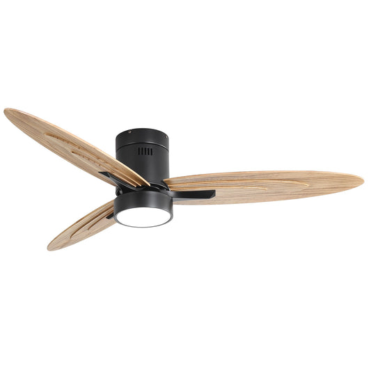 Flush Mount Ceiling Fan With Light and Remote Control, 3 Blades, Reversible DC Motor - Black