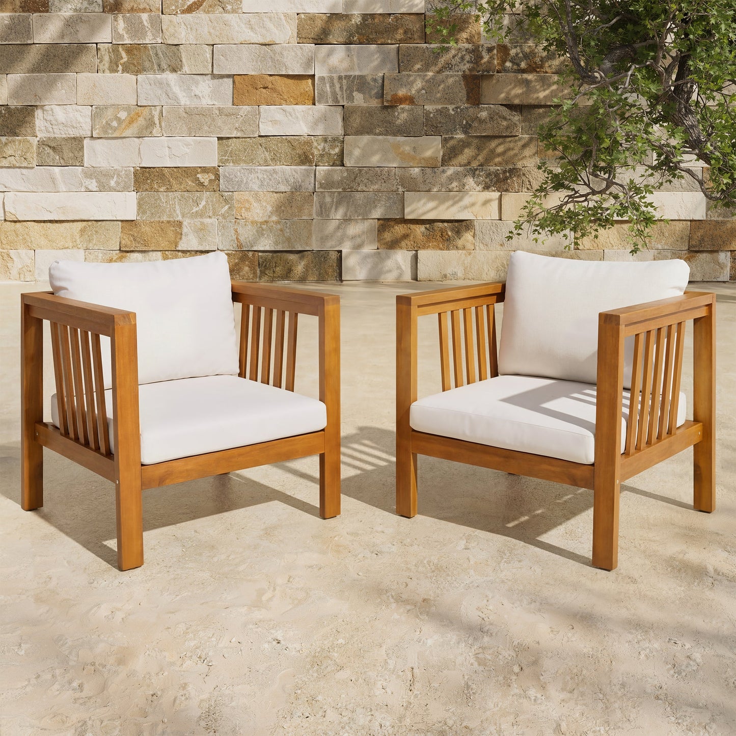 Set of 2 Outdoor Acacia Wood Club Chairs with Modern Square Arms