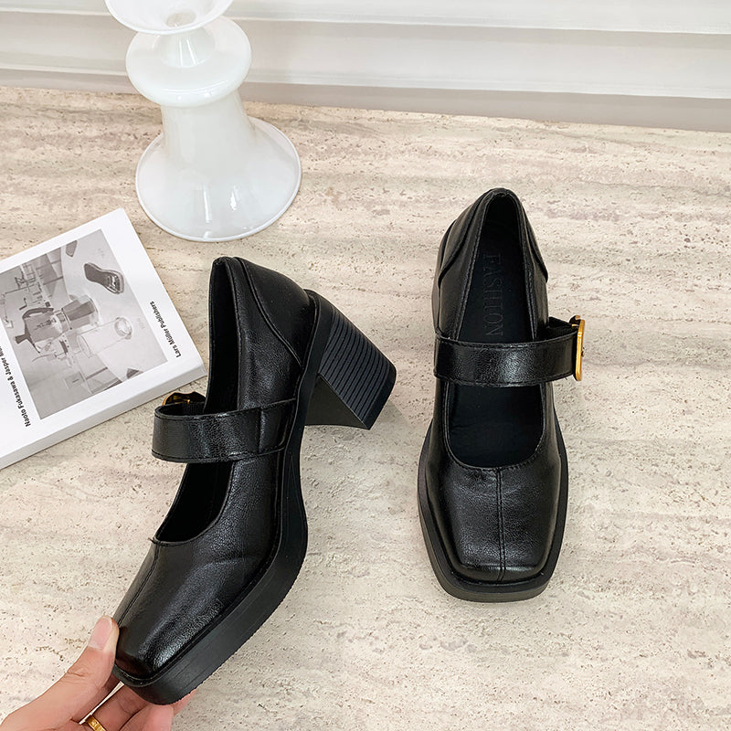2026 New Women Minimal British Style High Heel Square Toe Flats, Vintage Metal Buckle Single Strap Silent Commuter Mary Janes