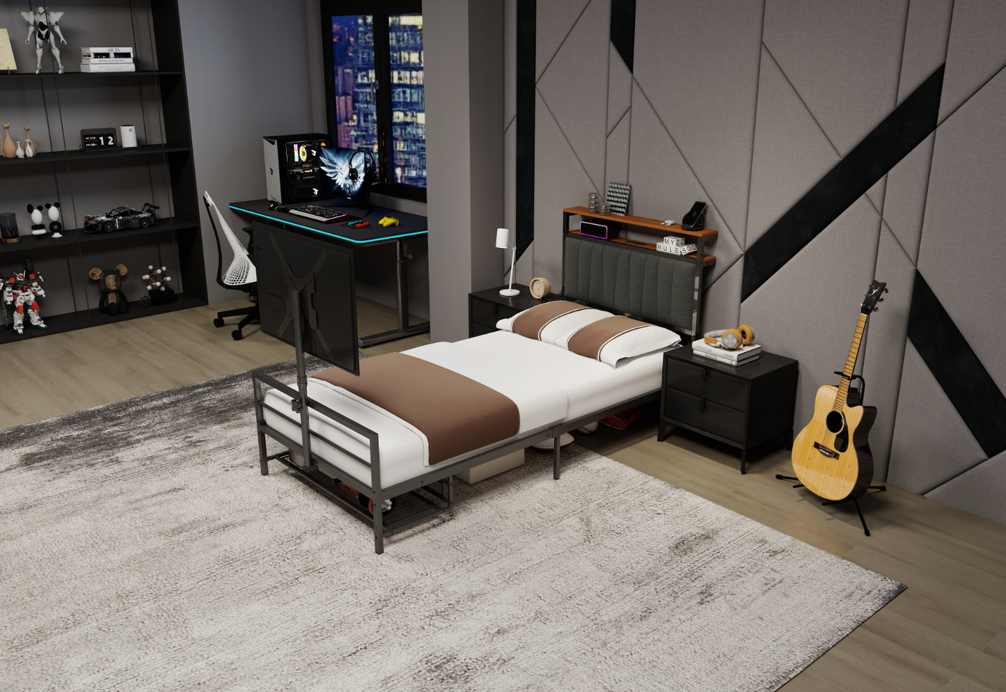 Twin Size Gaming Bed with Rotating TV Mount and LED Lighting