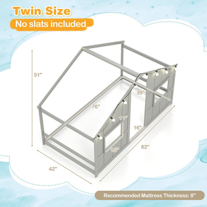 Twin Size House Bed with LED Lights Montessori Slat-free Floor Bed