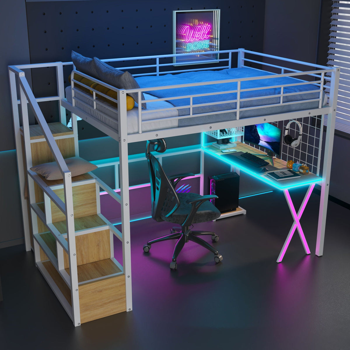 Loft Bed With Built In Work Station, Wardrobe, Storage Staircase And LED