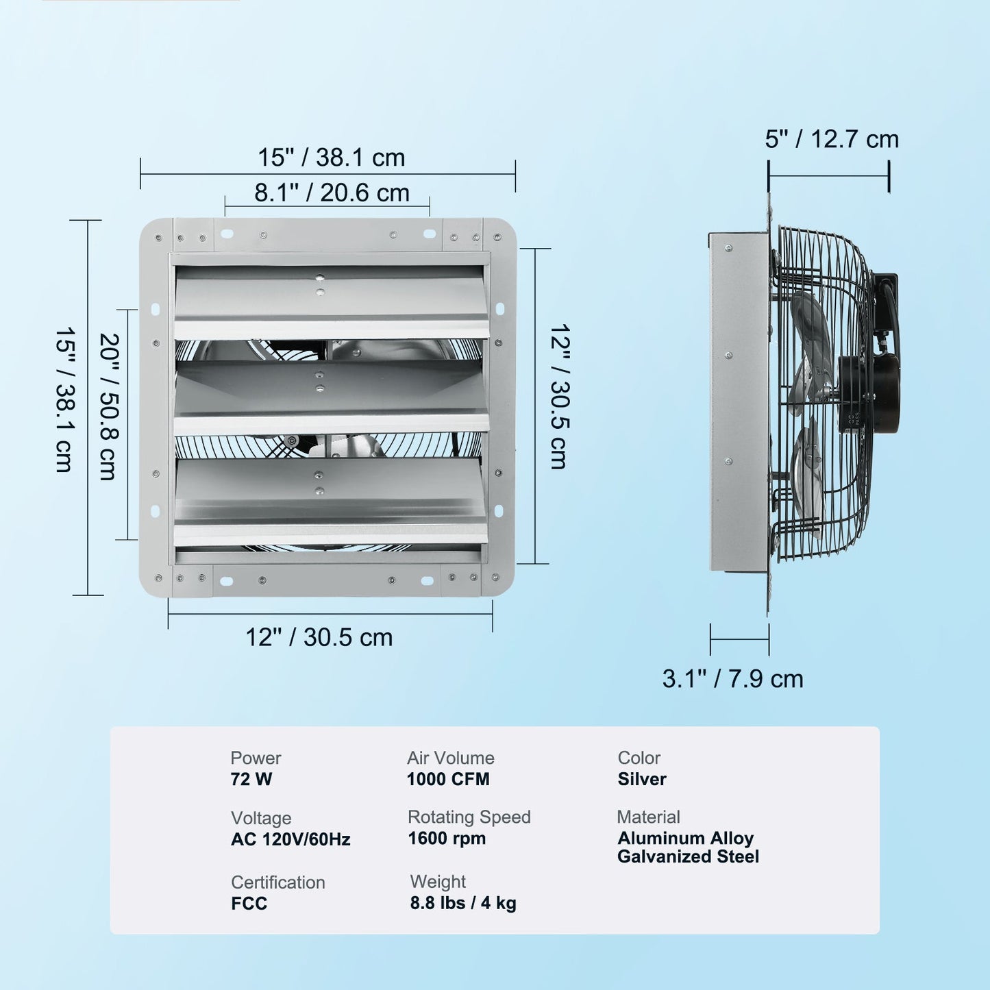 12" Shutter Exhaust Fan, High-Speed 1000 CFM