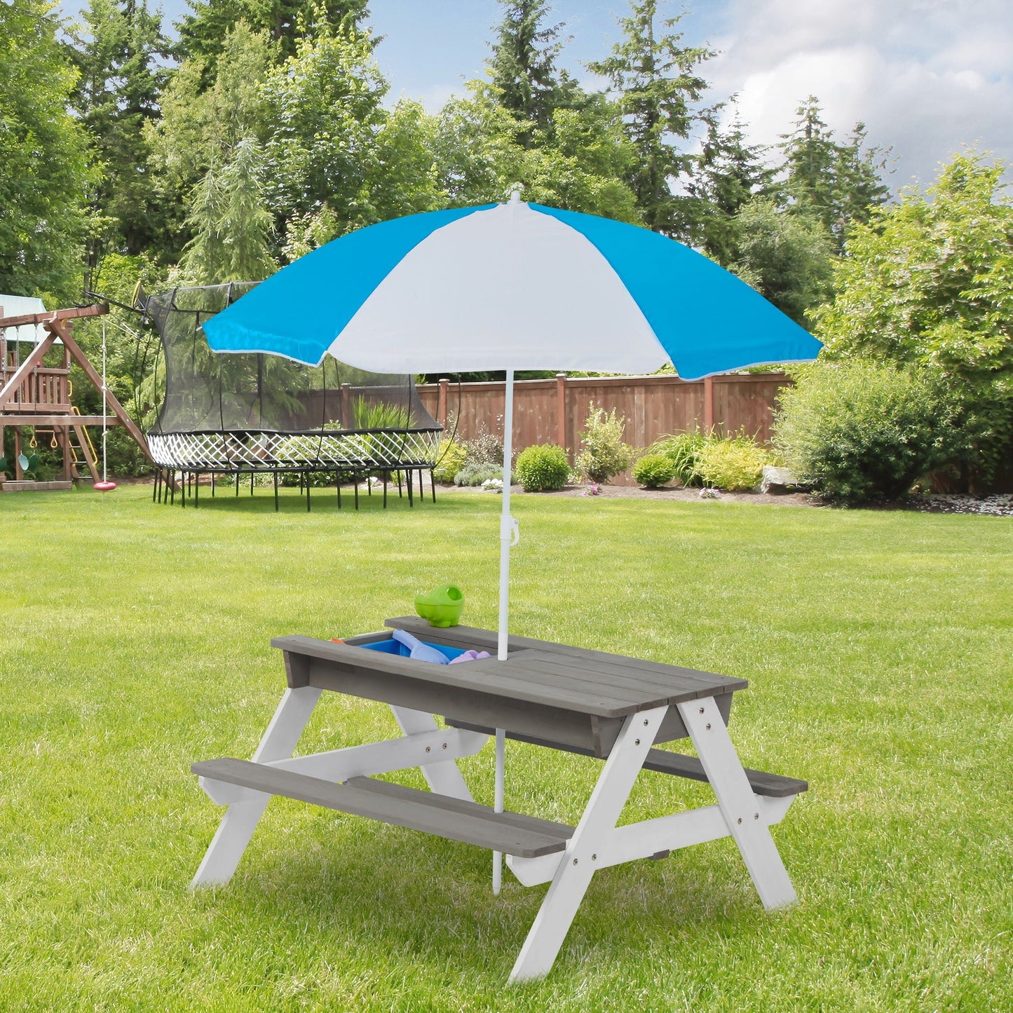 3-In-1 Kids Outdoor Wooden Picnic Table With Umbrella