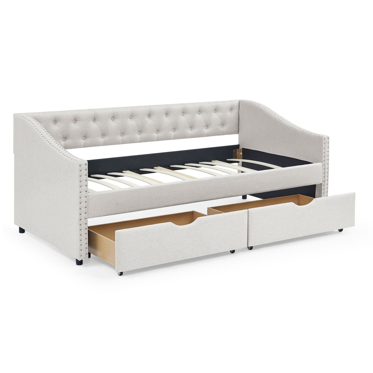 Upholstered Tufted Daybed With 2 Drawers, Waved Arms