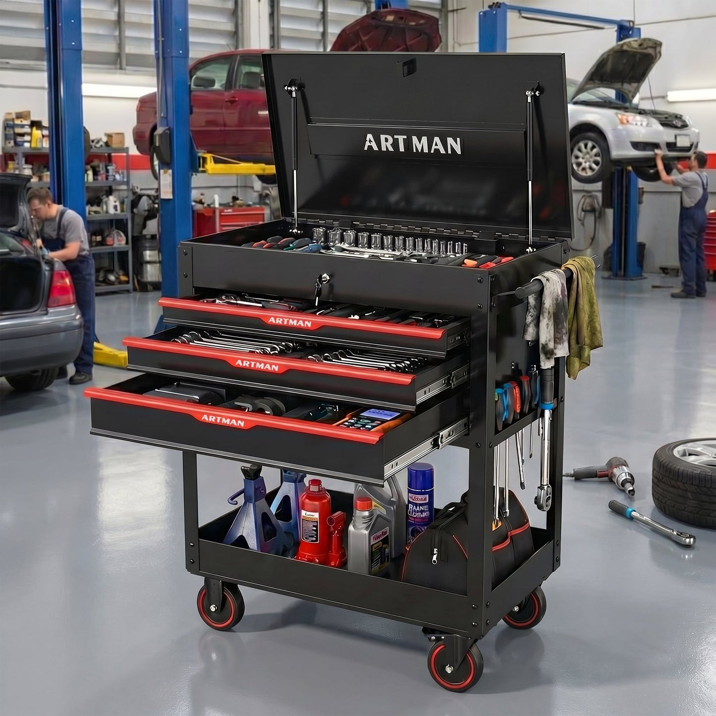 3 Drawers Multifunctional Tool Cart with Wheels and Steel Top - Black & Red