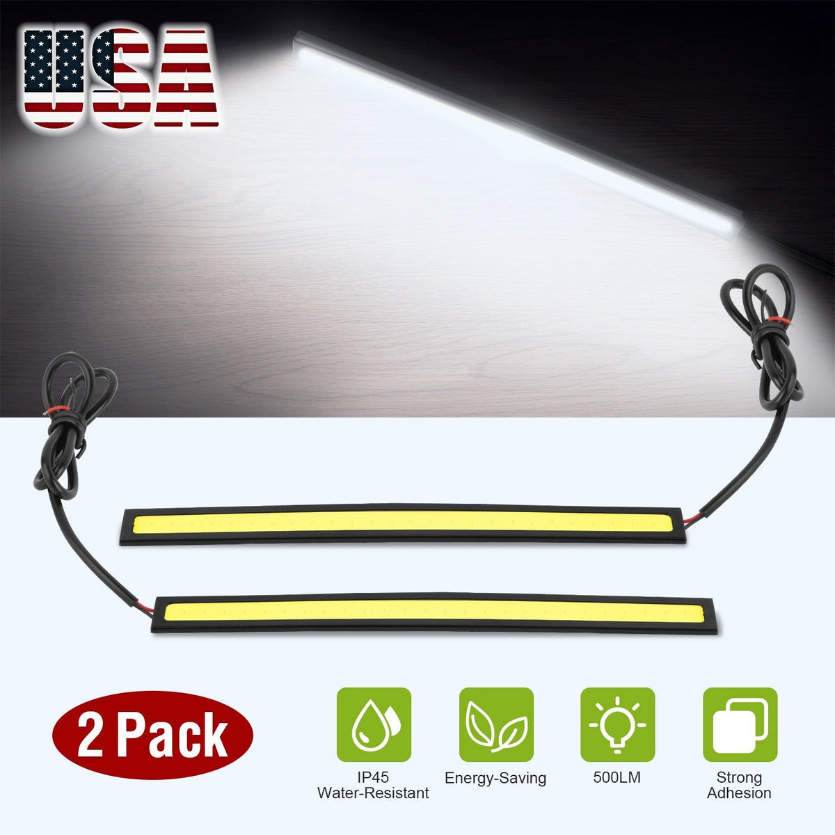 2Pcs LED Daytime Running Lights Car LED COB DRL Fog Lights IP45 Waterproof LED Strip Fog Day Driving Lamp Sticker for 12V Car Interior Exterior Use