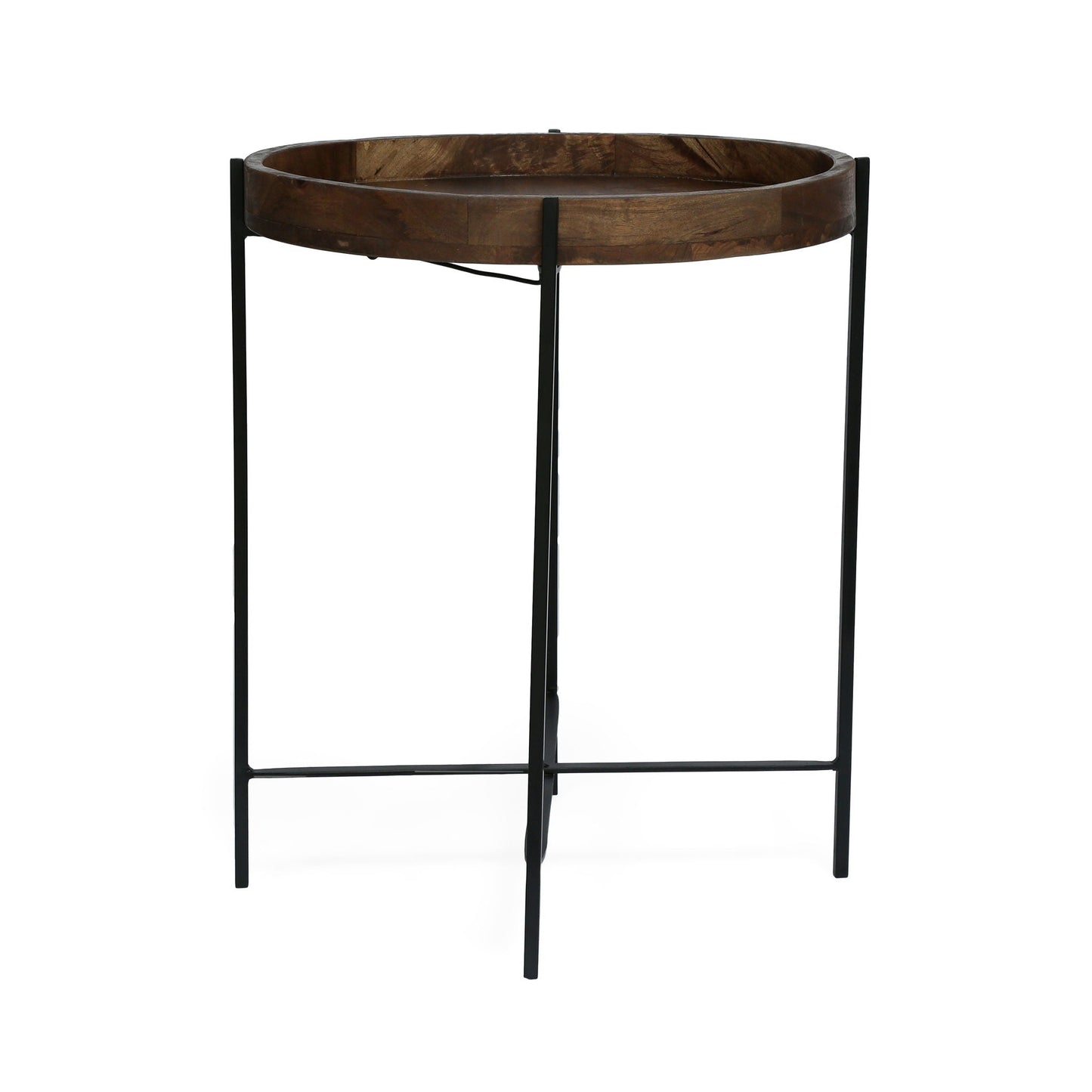 Modern Industrial Round End Table with Tray Top and Foldable Iron Legs - Natural