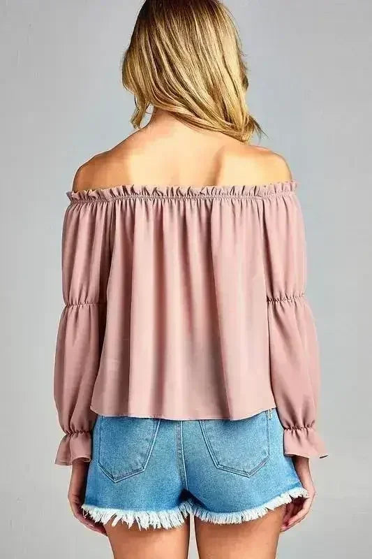 Women's Puff Long Sleeve Ruffled Front Tie Off Shoulder Top