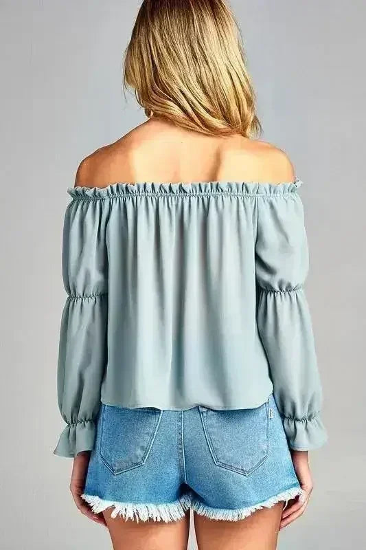 Women's Puff Long Sleeve Ruffled Front Tie Off Shoulder Top