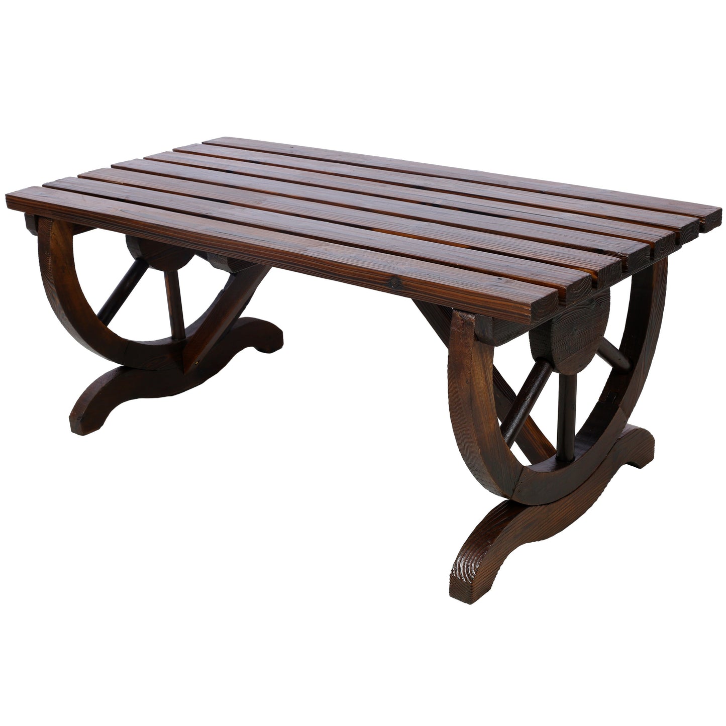 Outdoor Rustic Wooden Bench with Wagon Wheel Legs