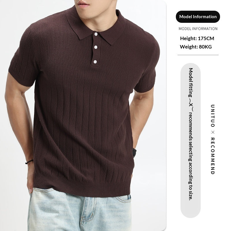 Mens Light-Luxury Rib-Knit Polo Shirt
