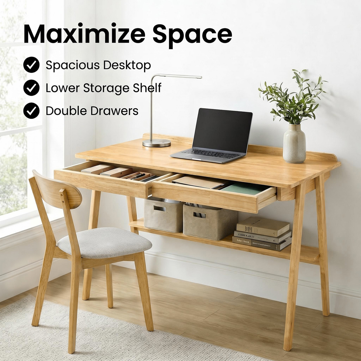 Solid Wood Writing Desk with 2 Drawers & Storage Shelf