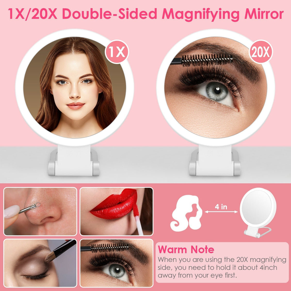 20X/1X Double-Sided Magnifying Makeup Mirror With Light Rechargeable Travel Makeup Mirror With 3 Colors Dimmable Brightness Adjustable Stand Vanity Ta