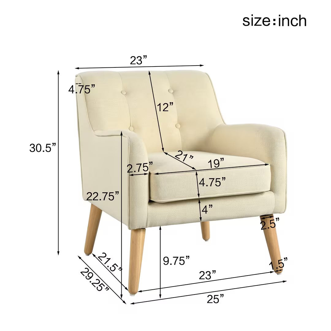 Mid-Century Modern Armchair - Tufted Fabric Accent Chair with Solid Wood Legs