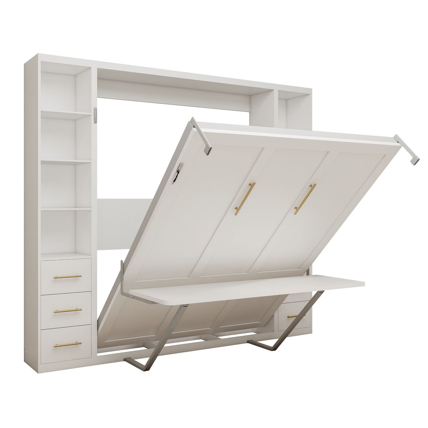 Queen Size Murphy Wall Bed With Side Storage Cabinets - White