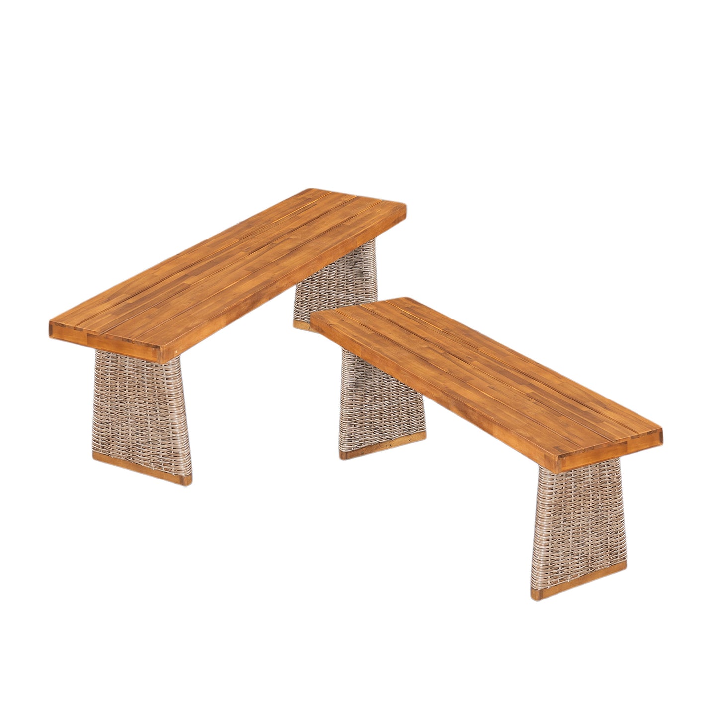 Outdoor Acacia Wood Bench Set of 2 with Teak Finish