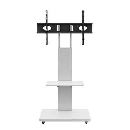 Mobile TV Stand With Shelf Floor Mount Cart For TVs With Lockable Wheels Ideal For Living Room Bedroom Or Office - White