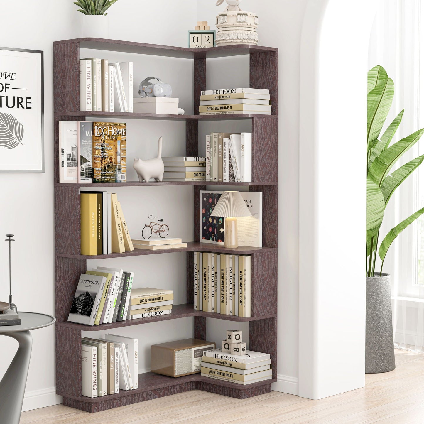 Ox Blood - Red 90Cm L-Shaped Freestanding Corner Bookshelf With Anti Tip Safety, Storage Cabinet For Living Room - Ox Blood Red