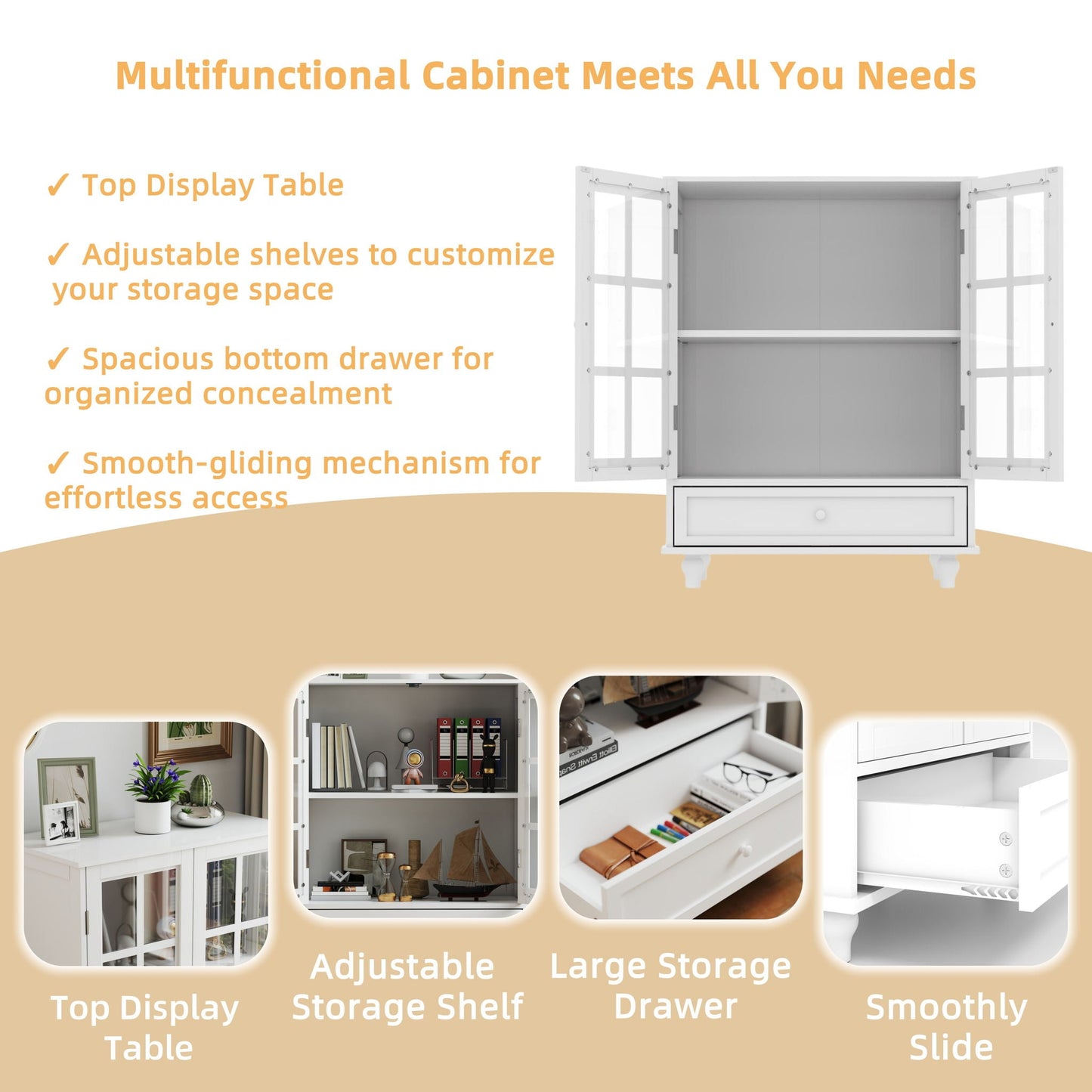 Minimalist Buffet Cabinet With Double Glass Doors And Drawer