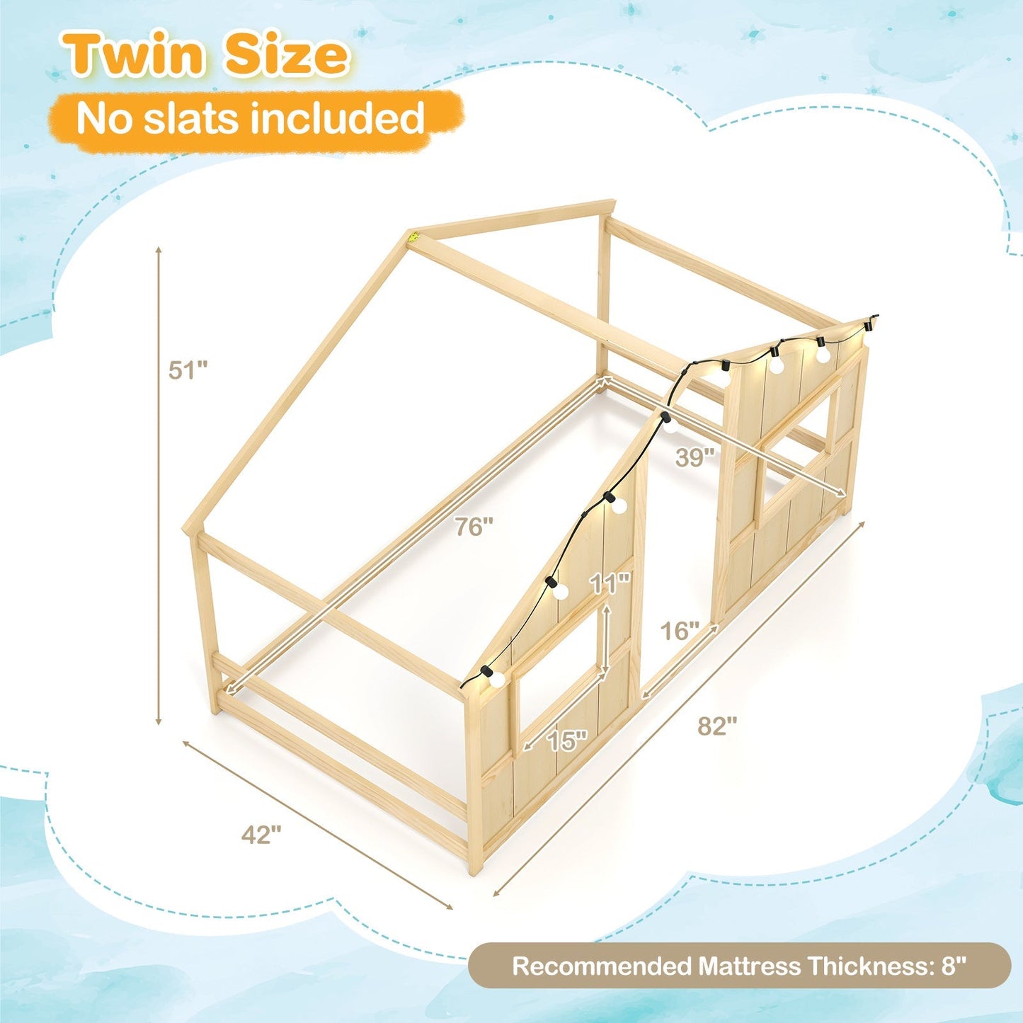 Twin Size House Bed with LED Lights Montessori Slat-free Floor Bed