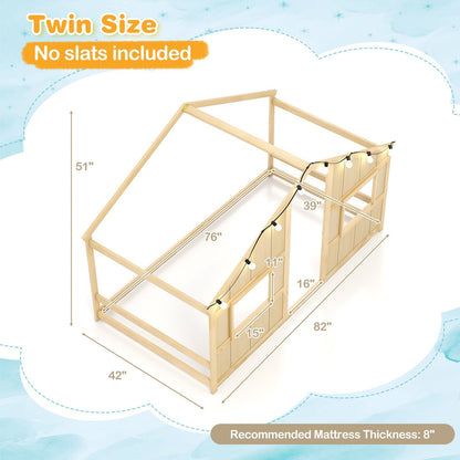 Twin Size House Bed with LED Lights Montessori Slat-free Floor Bed