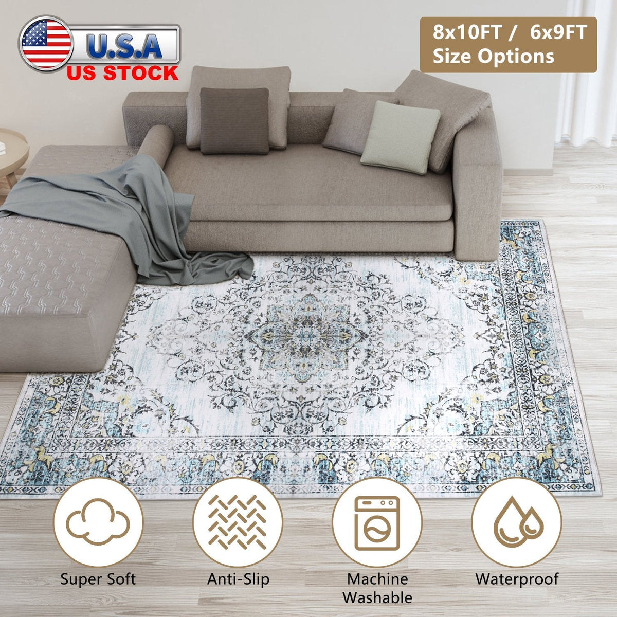 6x9FT VintageÊArea Rug Modern Non Slip Carpet Boho Low Pile Soft Rug Waterproof Machine Washable Rug for Living Room BedroomÊKitchen Dining Room Under