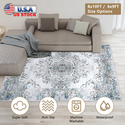 6x9FT VintageÊArea Rug Modern Non Slip Carpet Boho Low Pile Soft Rug Waterproof Machine Washable Rug for Living Room BedroomÊKitchen Dining Room Under
