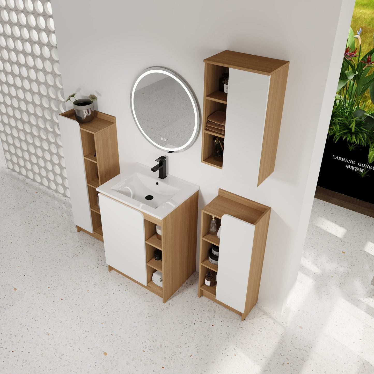 4 Piece Bathroom Vanity Set With Sink, Vanity Combo With Storage Cabinets - Black / Light Oak / White