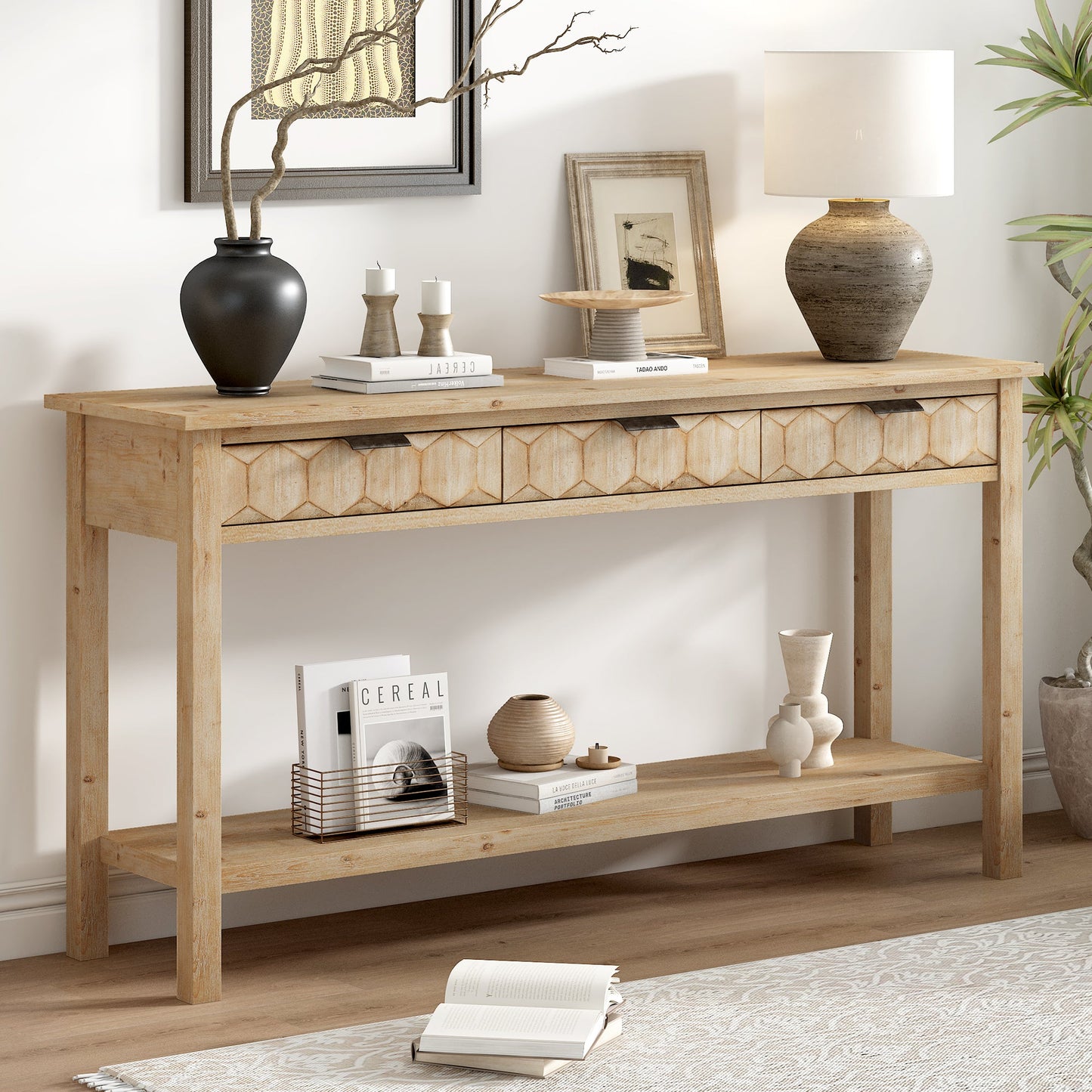U_Style 58.3'' Fir Veneer Entryway Table with Honeycomb-patterned Fronts
