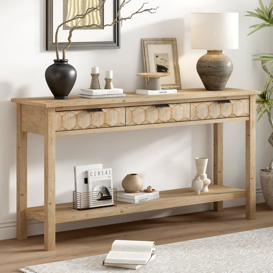 U_Style 58.3'' Fir Veneer Entryway Table with Honeycomb-patterned Fronts