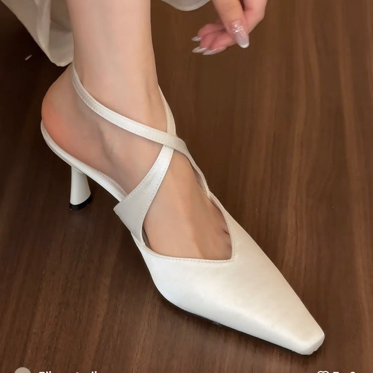 Women French Pointed Toe High Heels, Cross Strap Stiletto Closed Toe Sandals, Luxury Satin Fashion Pumps
