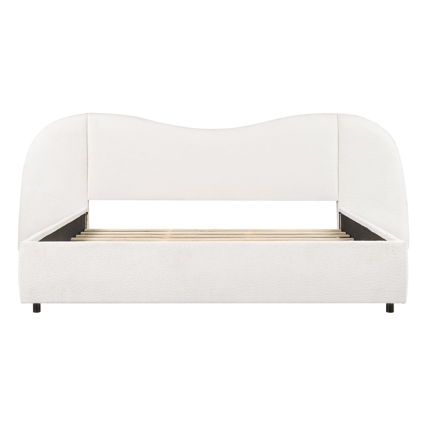 King Size Upholstered Bed Frame With Boucle Fabric Curved And Wide Headboard