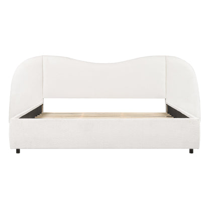 King Size Upholstered Bed Frame With Boucle Fabric Curved And Wide Headboard