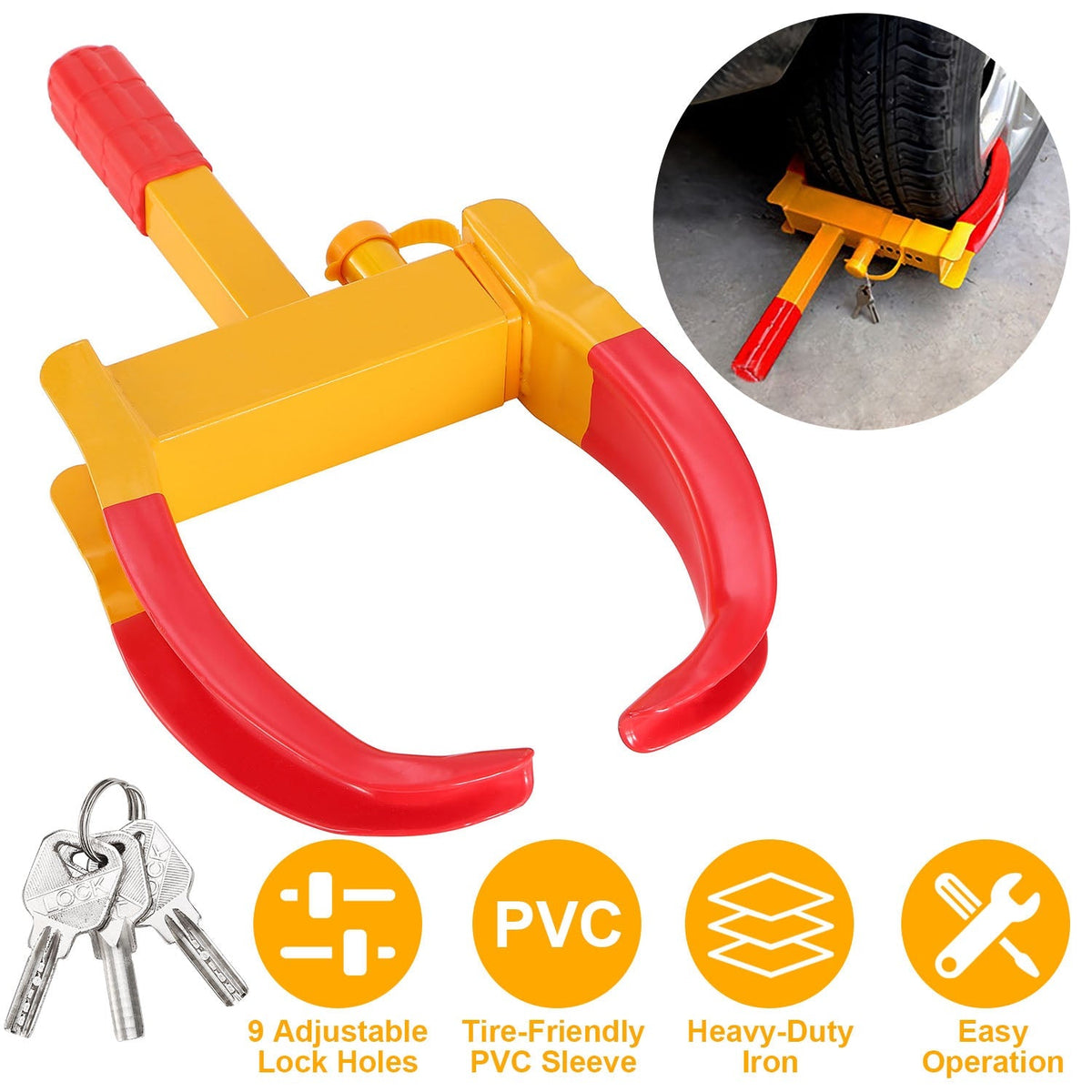 Heavy Duty Wheel Clamp Anti-Theft Adjustable Tire Lock w/3 Keys for Cars Trailer Truck Motorcycles ATV RV Golf Carts